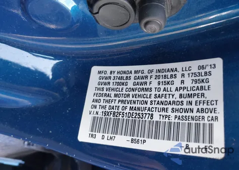 2013 Honda Civic Lx z USA, uszkodzony, nr VIN 19XFB2F51DE253778